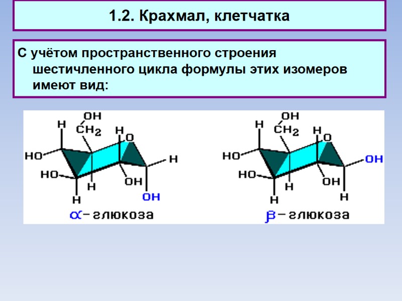 1.2. Крахмал, клетчатка С учётом пространственного строения шестичленного цикла формулы этих изомеров имеют вид: